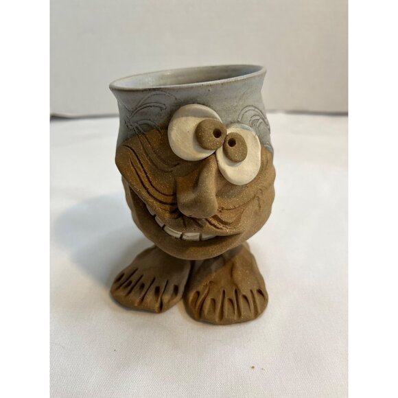 Vintage 3D  Funny Face Big Feet Mug  Hand Crafted Pottery 1980 Stoneware Folk - Picture 1 of 8